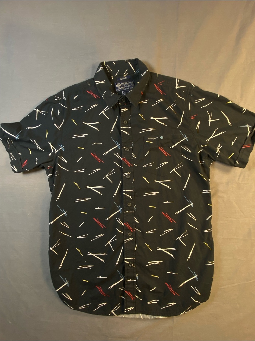 American Rag Black Short-Sleeve Button Down with Multicolor Dash Print